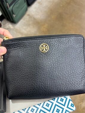 Tory Burch Black Pebbled Leather Wrist Pouch with Gold Logo